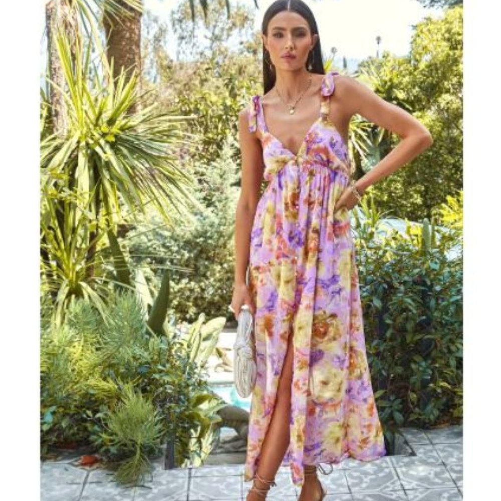 NWT VICI Becky Floral Chiffon Shoulder Maxi Dress